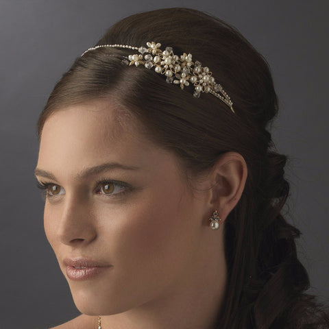 Gold and Pearl Side Accented Floral Bridal Wedding Headband HP 3040