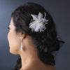 Delightful White Flower Bridal Wedding Hair Comb/Bridal Wedding Hair Clip w/ Soft Feathers & Silver Clear Rhinestones 8269