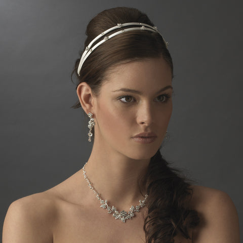 * Charming 2 Row White or Ivory Flower Bridal Wedding Headband w/ Clear Crystals 8289