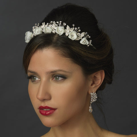 Silver Diamond White Flower Bridal Wedding Headband with Rhinestone Accents
