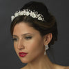 Silver Diamond White Flower Bridal Wedding Headband with Rhinestone Accents