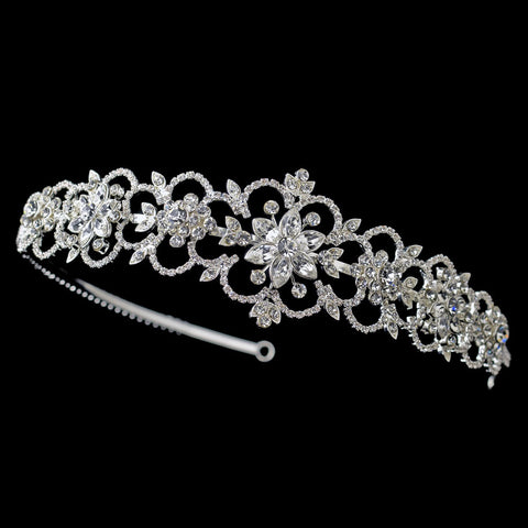 Silver Clear Rhinestone Flower Bridal Wedding Side Headband