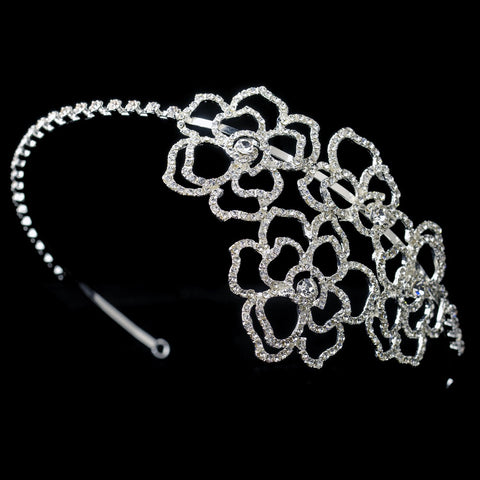 Silver Clear Rhinestone Flower Design Bridal Wedding Side Headband