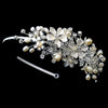 Silver Leaf & Ivory Petal Flower Bridal Wedding Side Headband with Freshwater Pearls & Rhinestones