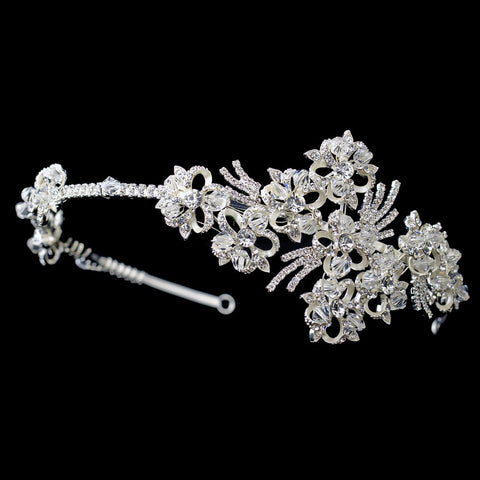 Silver Clear Rhinestone & Swarovski Crystal Bead Floral Bridal Wedding Side Headband