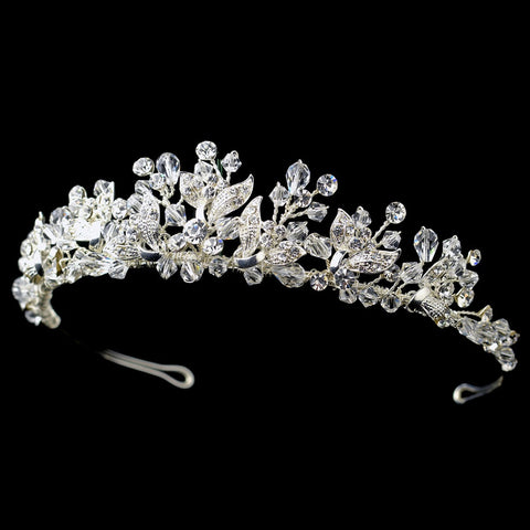 Silver Floral Bridal Wedding Tiara Headpiece with Rhinestones & Swarovski Crystal Beads