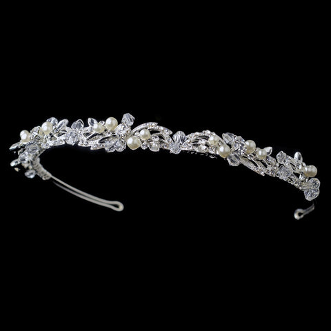 Silver Leaf Bridal Wedding Headband with  Pearls, Swarovski Crystal Beads & Rhinestones