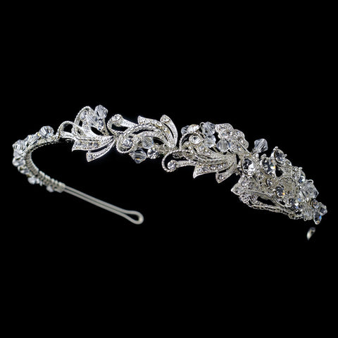 Silver Clear Beaded Swirl Leaf Bridal Wedding Side Headband with Rhinestones & Swarovski Crystal Beads