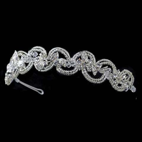 Silver Beaded Swirl Leaf Bridal Wedding Tiara Headpiece with Rhinestones & Swarovski Crystal Beads