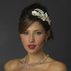 Silver Diamond White Floral Fabric Lace Bridal Wedding Side Headband with Rhinestones & Pearls