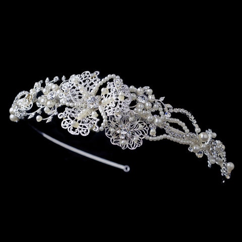 Silver Floral Bridal Wedding Side Headband with Freshwater Pearls & Rhinestones