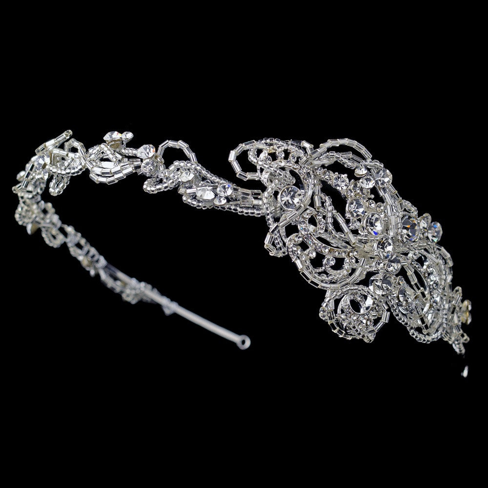 Silver Clear Rhinestone Beaded Twisting Bridal Wedding Side Headband