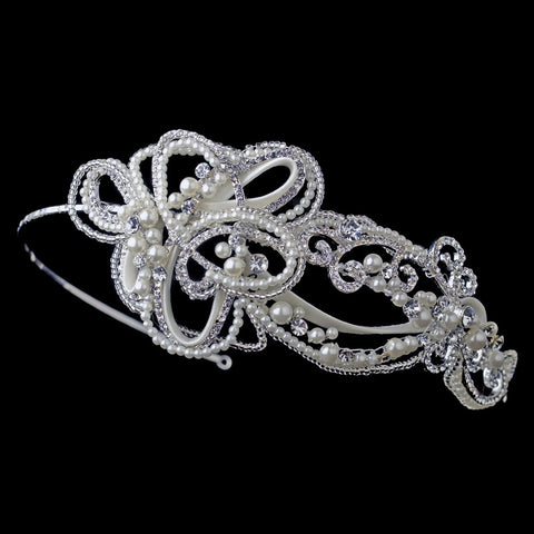 Silver Swirl Matte Satin Ribbon Bridal Wedding Side Headband with Rhinestones & Ivory Pearls