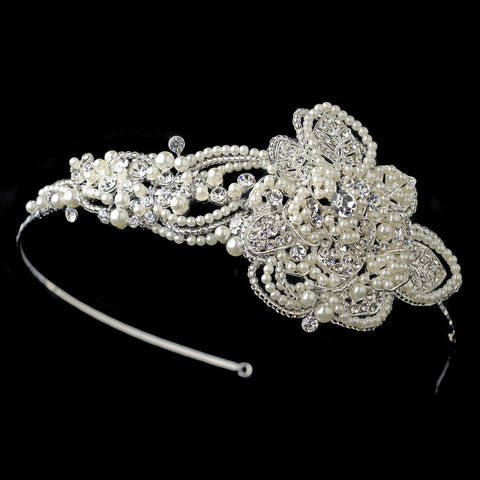 Silver Clear Beaded Floral Leaf Bridal Wedding Side Headband with Ivory Pearls & Rhinestones