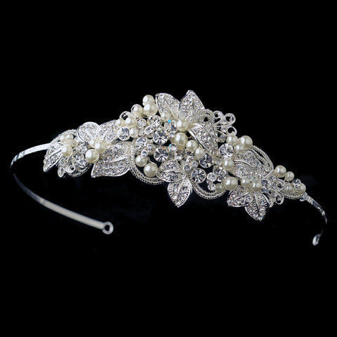 Silver Ivory Beaded Floral Bridal Wedding Side Headband with Pearls & Rhinestones