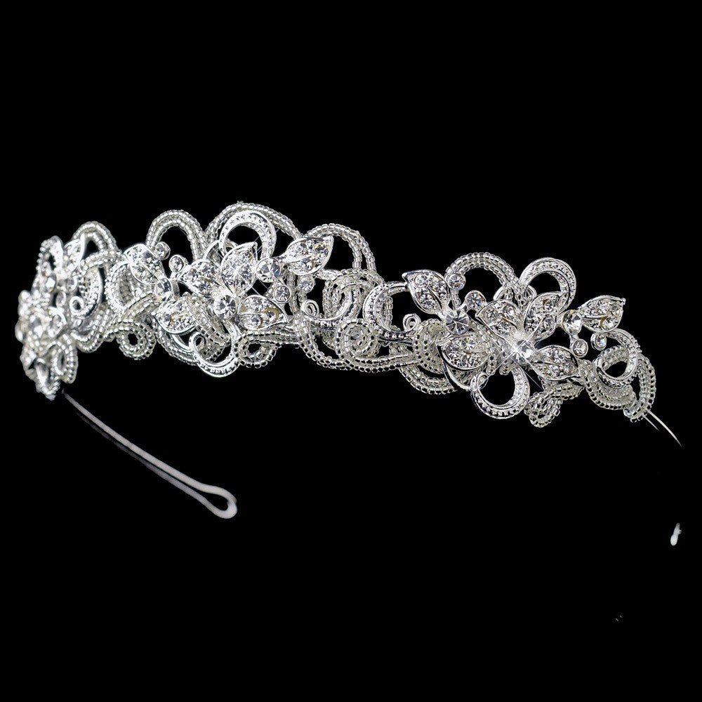 Silver Beaded Swirl Twisted Floral Rhinestone Bridal Wedding Tiara Headpiece
