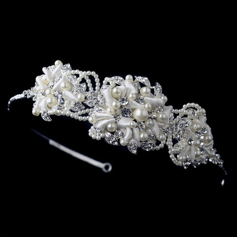 Silver Ivory Matte Satin Fabric Bridal Wedding Side Headband with Pearl & Rhinestone Accents