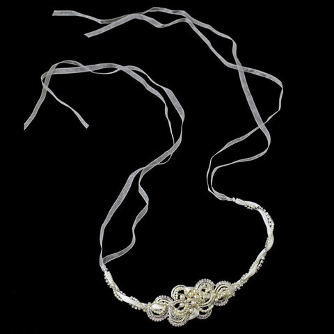 Ivory Matte Satin Ribbon Floral Swirl Bridal Wedding Headband with Rhinestones & Pearls