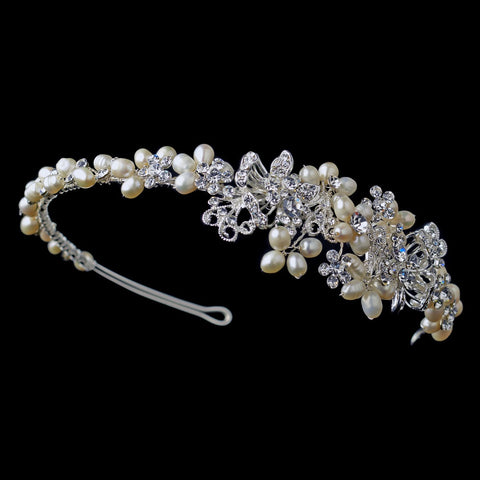 Silver Floral Leaf Bridal Wedding Side Headband with Freshwater Pearls & Rhinestones
