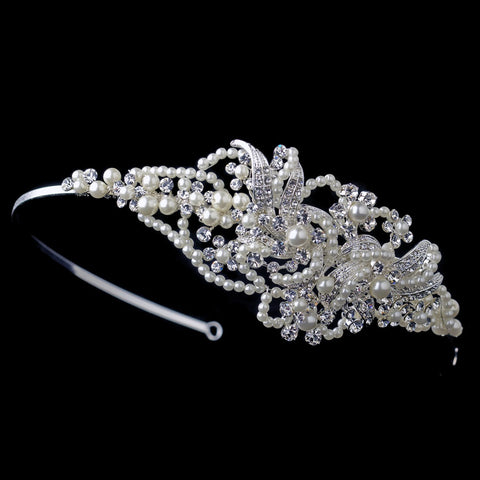 Silver Clear Swirl Rhinestone & Ivory Pearl Bridal Wedding Side Headband