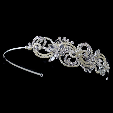 Silver Clear Rhinestone & Ivory Pearl Swirl Bridal Wedding Side Headband