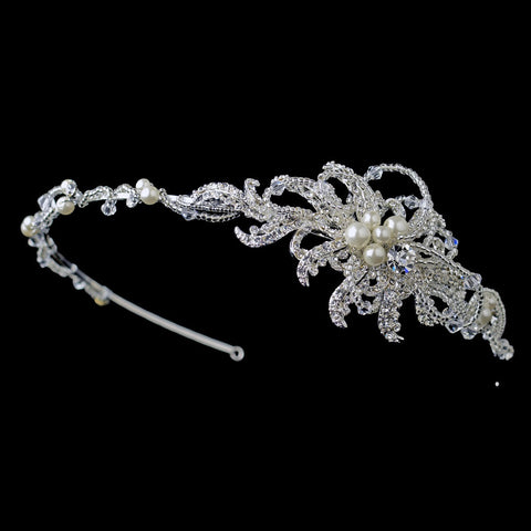 Silver Beaded Swirl Bridal Wedding Side Headband with Pearls & Rhinestones