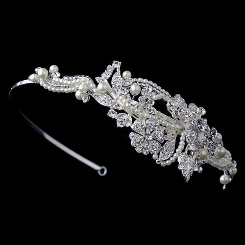 Diamond White Floral Swirl Beaded Bridal Wedding Side Headband with Pearls & Rhinestones