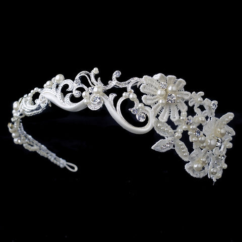 Silver Swirl Matte Satin Lace Bridal Wedding Side Headband with Ivory Pearls & Rhinestones
