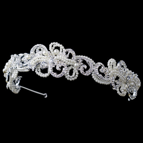 Silver Swirly Bridal Wedding Headband with  Pearls & Rhinestones