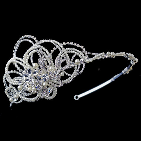 Silver Beaded Floral Bridal Wedding Side Headband with Swarovski Crystal Beads, Rhinestones & Ivory Pearls