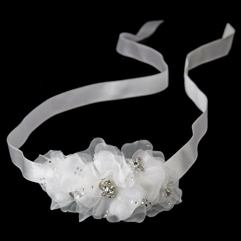 White Matte Satin Ribbon Bridal Wedding Belt with Sheer Organza Flowers & Rhinestone Accents
