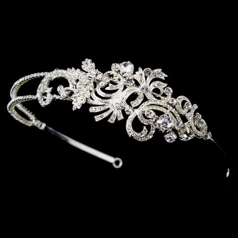 Silver Clear Rhinestone Floral Swirl Double Bridal Wedding Side Headband