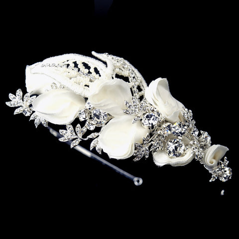 Silver Diamond White Floral Fabric Lace Bridal Wedding Side Headband with Rhinestones & Pearls