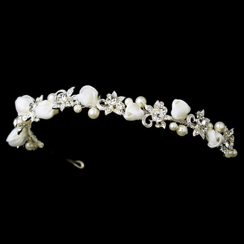 Silver Ivory Flower Bridal Wedding Headband with Pearls & Rhinestones