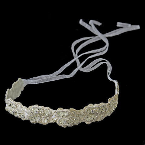 Shimmer Ivory Lace Ribbon Bridal Wedding Headband with Beads & Rhinestones