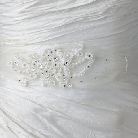 Shimmer White Ribbon Floral Lace Bridal Wedding Belt/Bridal Wedding Headband with Rhinestones & Pearls