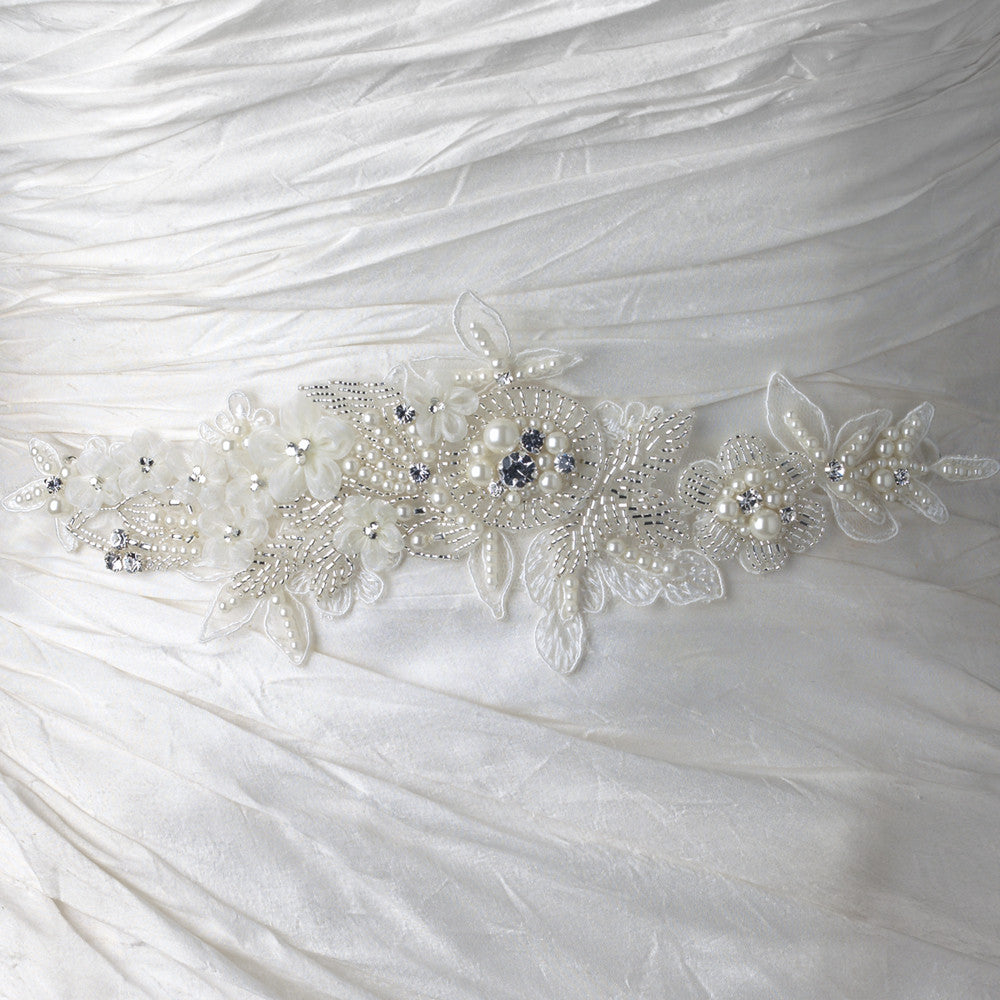 Shimmer White & Ivory Ribbon Beaded Lace Bridal Wedding Belt/Bridal Wedding Headband with Rhinestones & Pearls