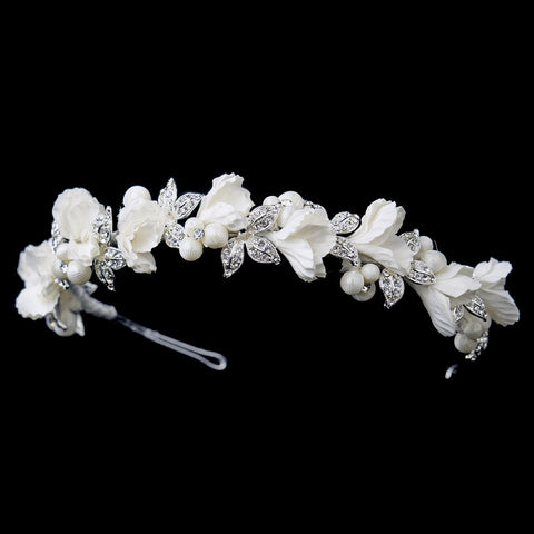 Silver Ivory Fabric Flower Bridal Wedding Headband with Pearls & Rhinestones
