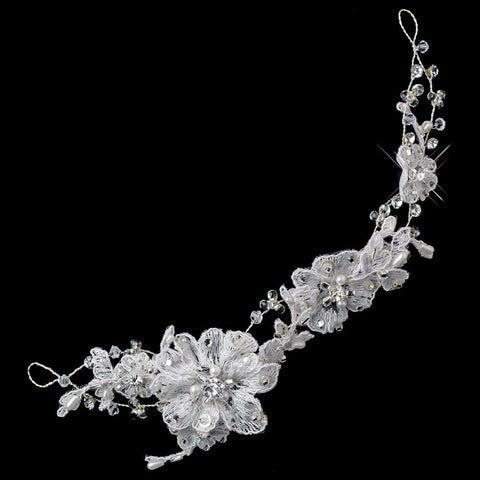 White Lace Vine Bridal Wedding Hair Adornment with Pearls Crystals