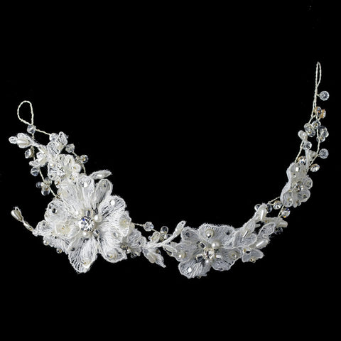 White Lace Vine Bridal Wedding Hair Adornment with Pearls Crystals