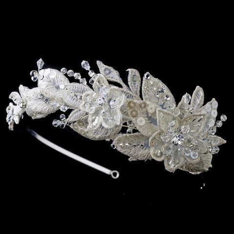 Silver Ivory Lace Floral Bridal Wedding Side Headband with Sequins, Rhinestones & Swarovski Crystal Beads