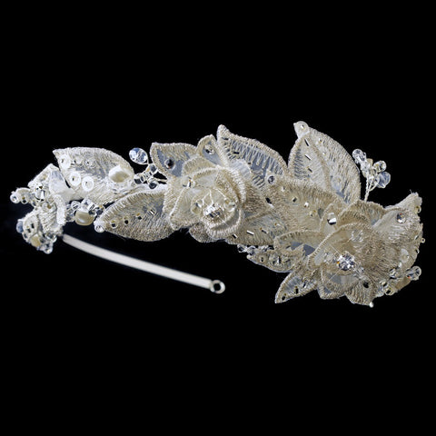 Silver Ivory Lace Floral Bridal Wedding Side Headband with Freshwater Pearls, Rhinestones & Swarovski Crystal Beads