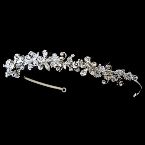 Rhodium Floral Vine Bridal Wedding Headband with Clear Rhinestones & Swarovski Crystal Beads