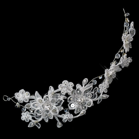 White Lace Floral Vine Bridal Wedding Hair Adornment with Rhinestones Sequins
