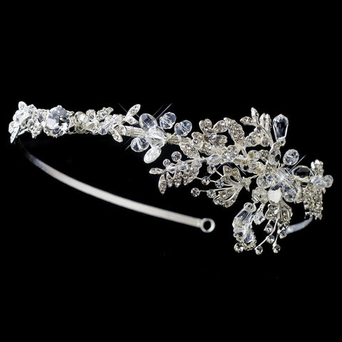 Rhodium Floral Bridal Wedding Side Headband with Swarovski Crystal Beads & Rhinestones