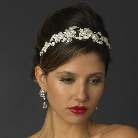 Rhodium Clear Rhinestone Flower Bridal Wedding Side Headband