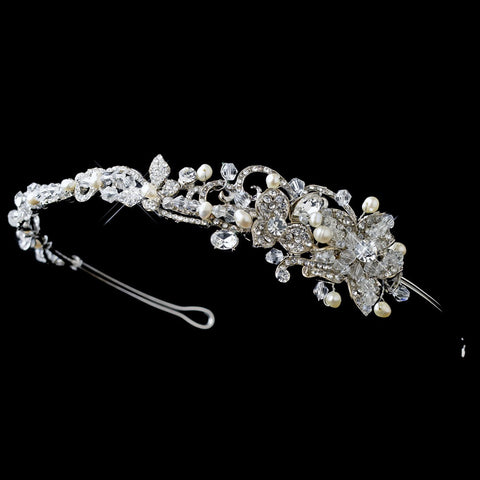 Rhodium Floral Bridal Wedding Side Headband with Freshwater Pearls, Swarovski Crystal Beads & Rhinestones