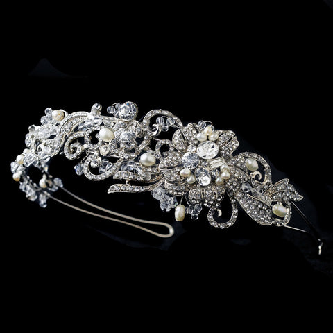 Rhodium Floral Bridal Wedding Side Headband with Swarovski Crystal Beads, Freshwater Pearls & Rhinestones