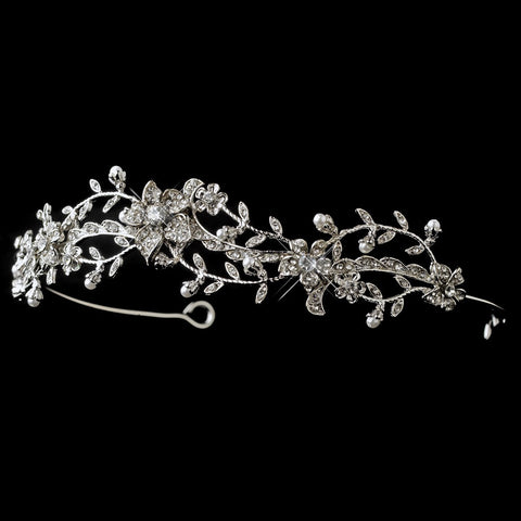 Rhodium Floral Vine Bridal Wedding Headband with Clear Rhinestones & White Pearls