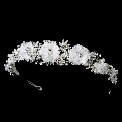 Silver White Flower Lace Bridal Wedding Tiara with Rhinestones